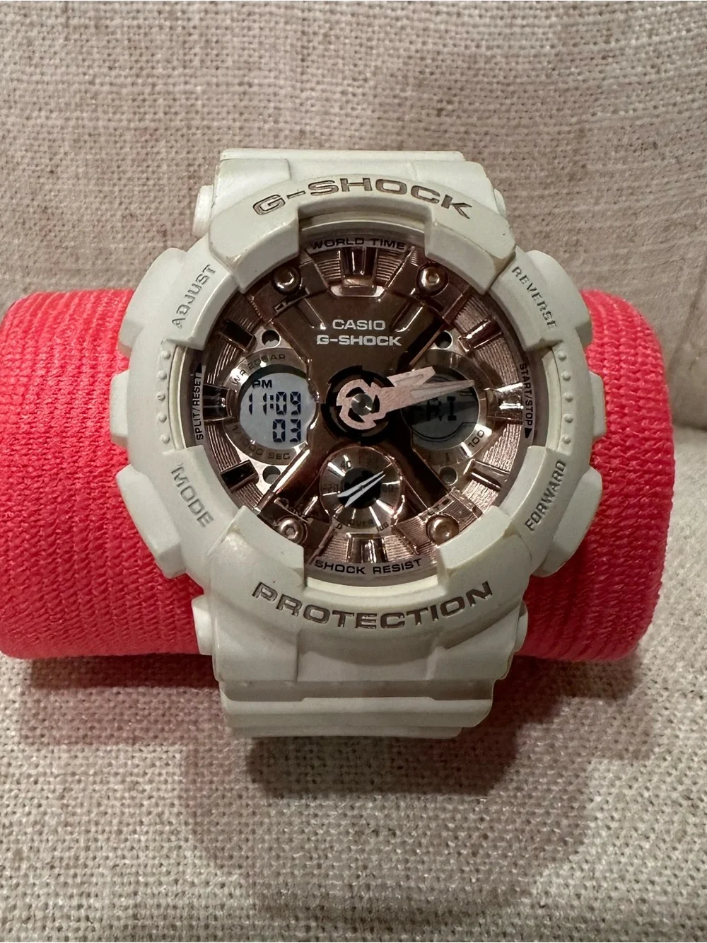 Casio G Shock Watch GMAS120MF-7A2 Womens White Rose Gold Dial Analog Digital